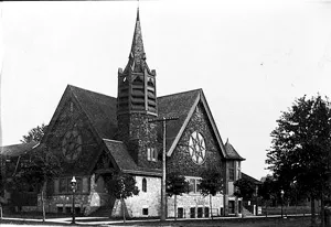 Black and white photo of the original church
