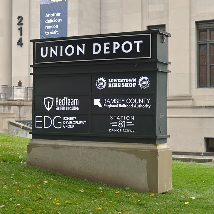 Union depot monument sign at a 3/4ths angle