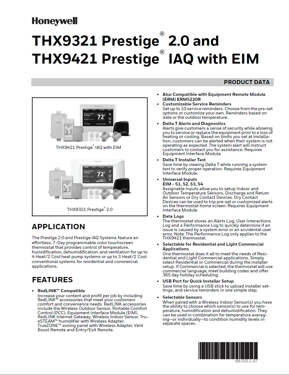 Technical document showing product data for THX9421 Prestige product with Honeywell branding