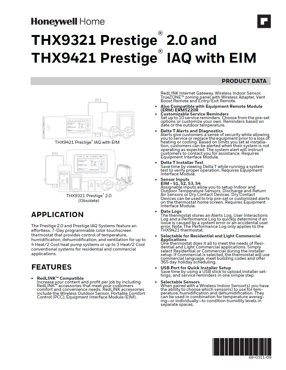 Technical document showing product data for THX9421 Prestige product with Resideo branding.