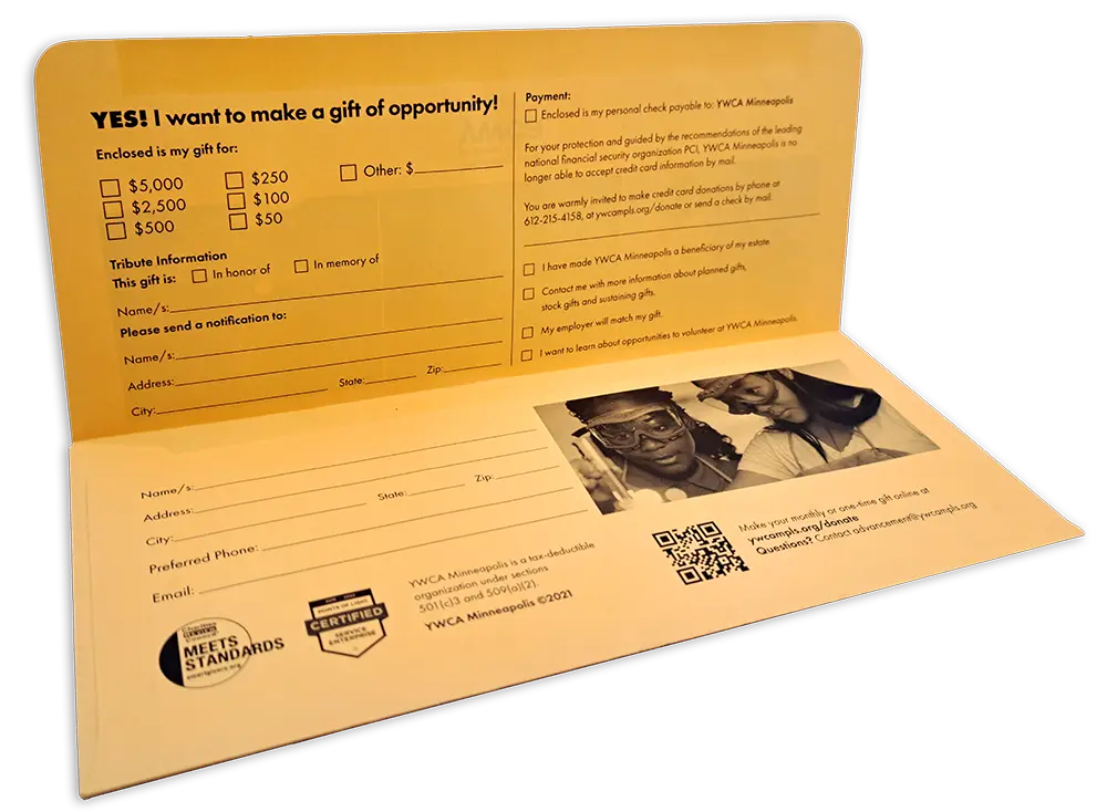 Custom printed envelope with a donation form printed on it